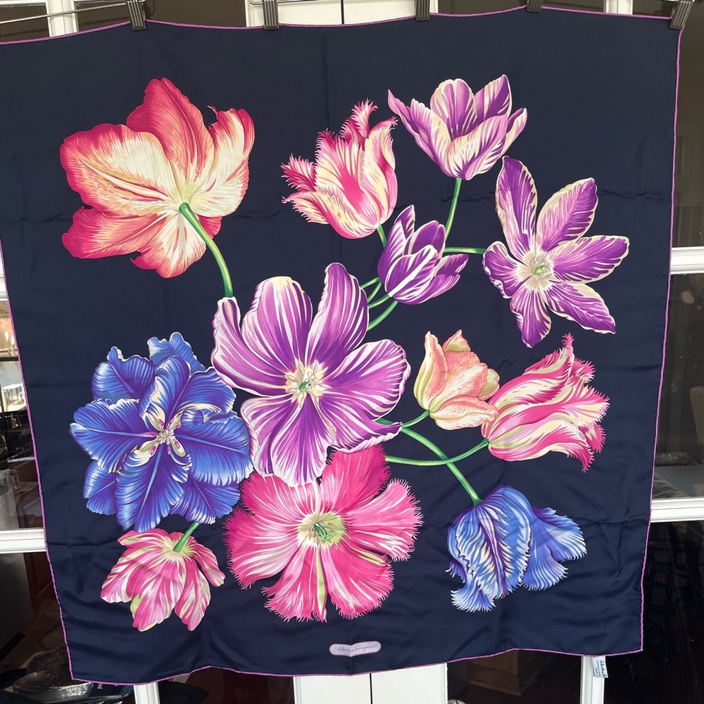 Salvatore Ferragamo Floral Silk Scarf in Pink, Purple, Blue on Navy